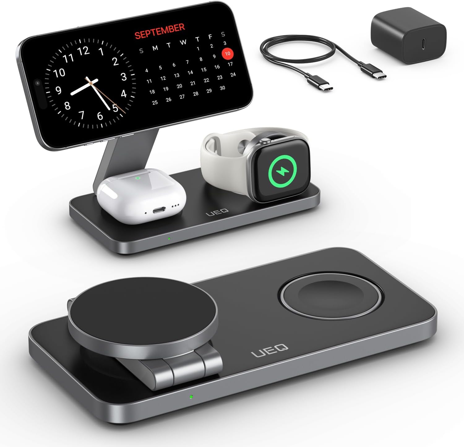 UEQ Foldable 3-in-1 Magnetic Wireless Charging Stand for iPhone 17/16/15 Series Apple Watch & AirPods Pure Black Zevon