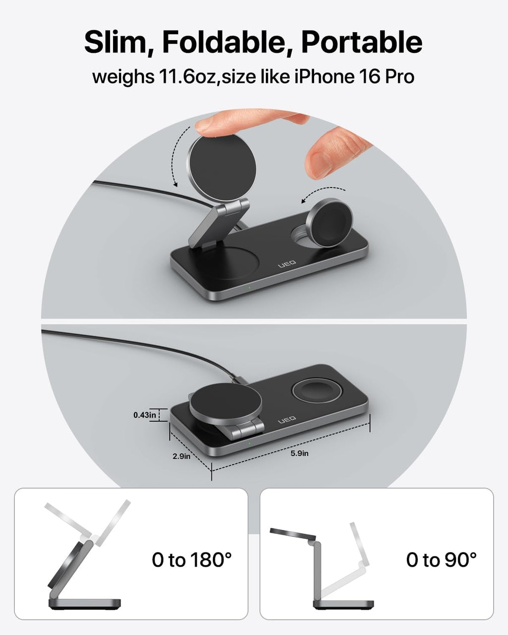 UEQ Foldable 3-in-1 Magnetic Wireless Charging Stand for iPhone 17/16/15 Series Apple Watch & AirPods Pure Black Zevon