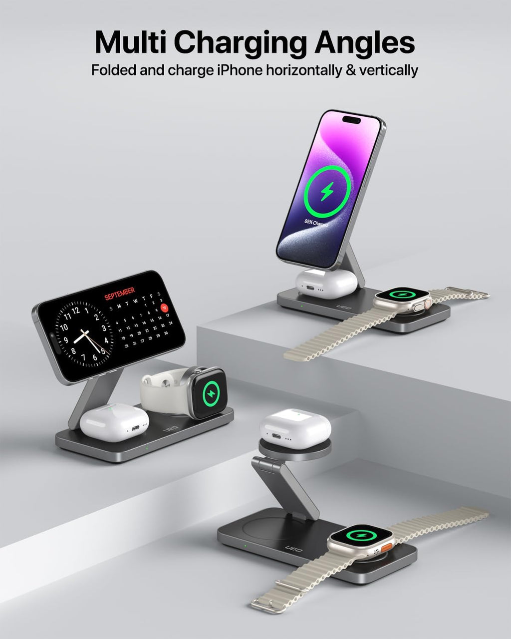 UEQ Foldable 3-in-1 Magnetic Wireless Charging Stand for iPhone 17/16/15 Series Apple Watch & AirPods Pure Black Zevon