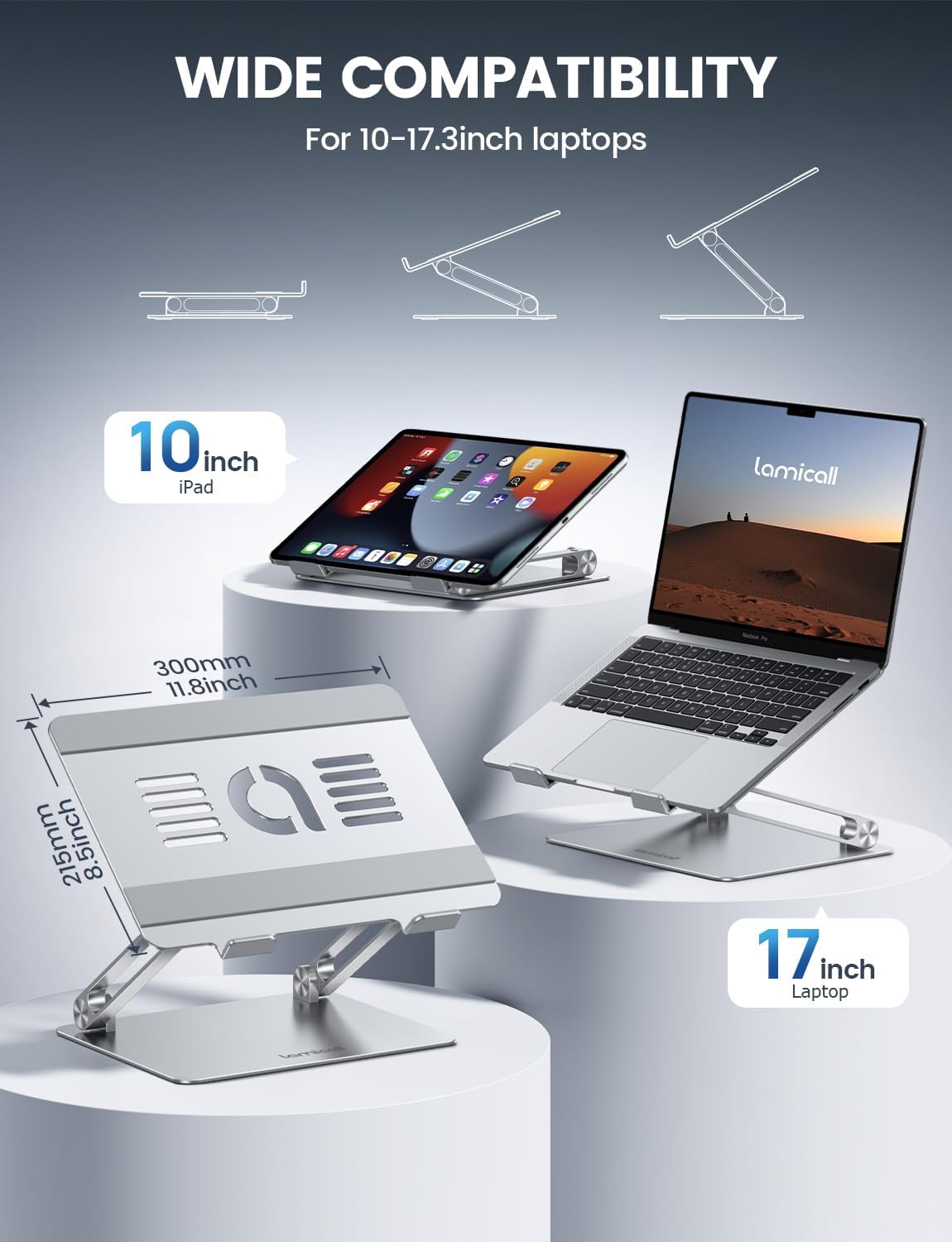 Adjustable Foldable Aluminum Laptop Riser Stand for Desk 10-17.3-Inch Silver Zevon