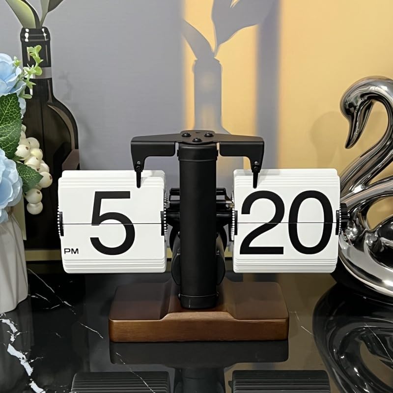 Retro Vintage Mechanical Flip Desk Clock with Large Numbers & Wood Base for Home Office Decor Black Zevon