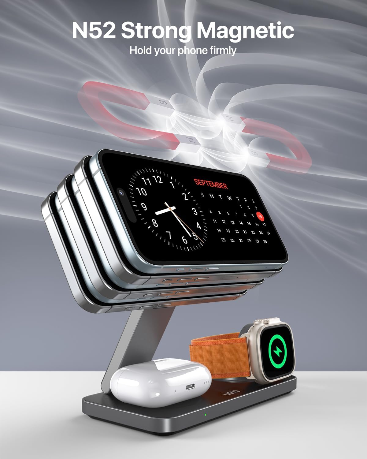 UEQ Foldable 3-in-1 Magnetic Wireless Charging Stand for iPhone 17/16/15 Series Apple Watch & AirPods Pure Black Zevon