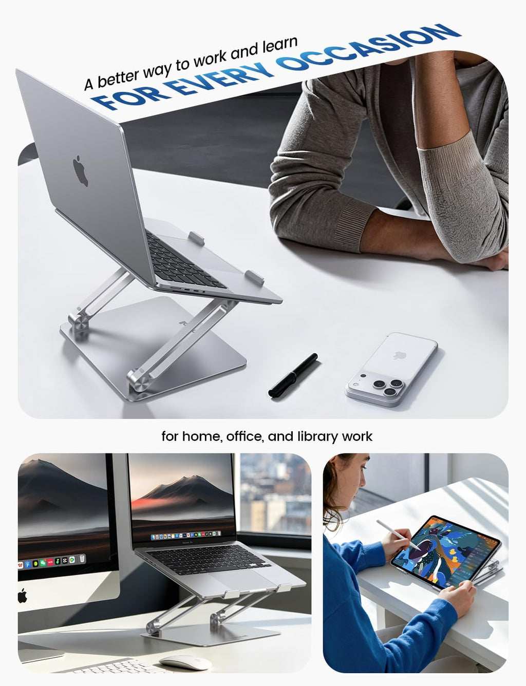 Adjustable Foldable Aluminum Laptop Riser Stand for Desk 10-17.3-Inch Silver Zevon