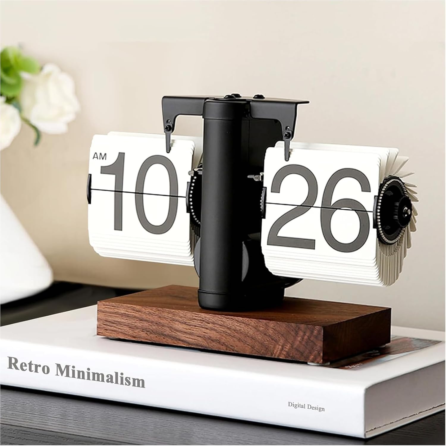 Retro Vintage Mechanical Flip Desk Clock with Large Numbers & Wood Base for Home Office Decor Black Zevon