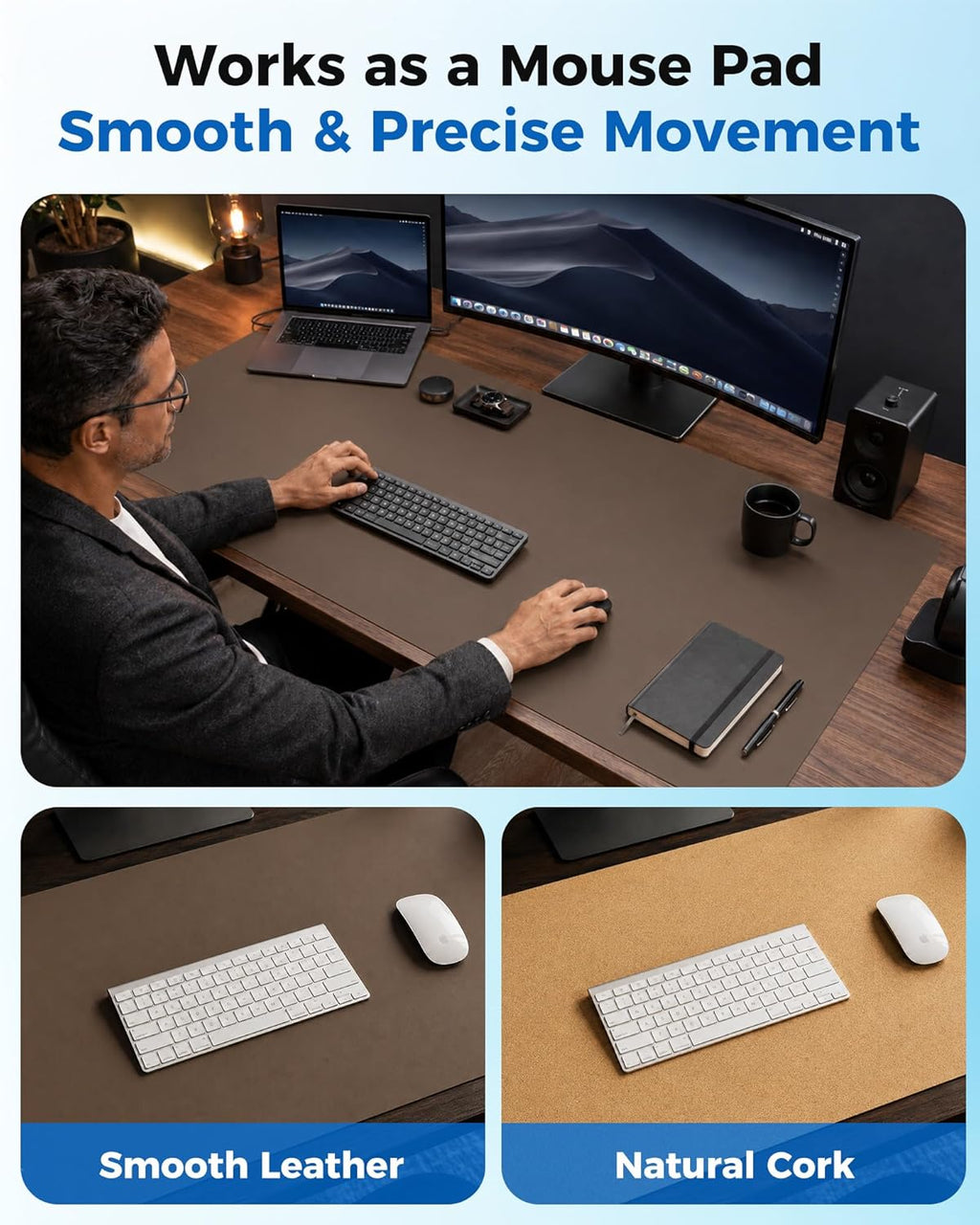Aothia Dual-Sided Leather & Natural Cork Desk Pad Protector Large Waterproof Desk Blotter Coffee 35.4"x15.7" Zevon