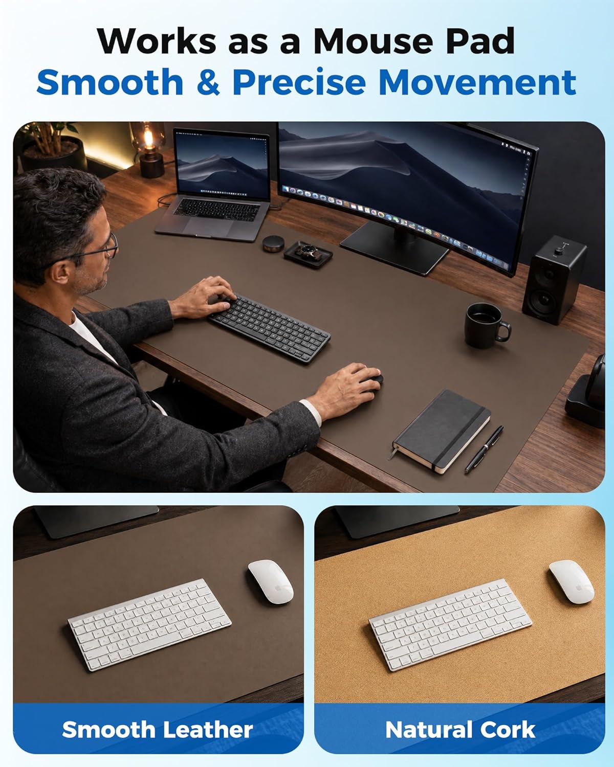 Aothia Dual-Sided Leather & Natural Cork Desk Pad Protector Large Waterproof Desk Blotter Coffee 35.4"x15.7" Zevon