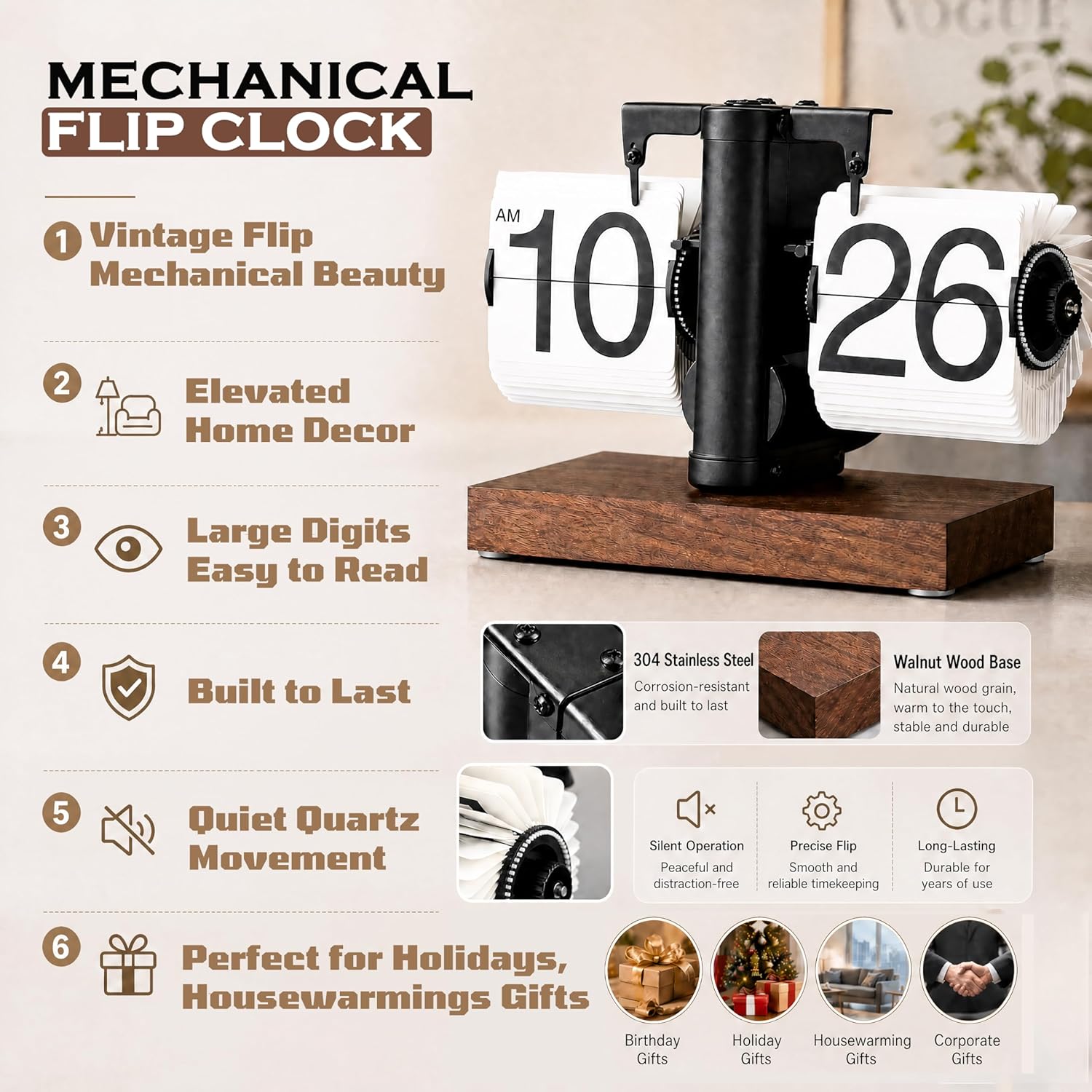 Retro Vintage Mechanical Flip Desk Clock with Large Numbers & Wood Base for Home Office Decor Black Zevon