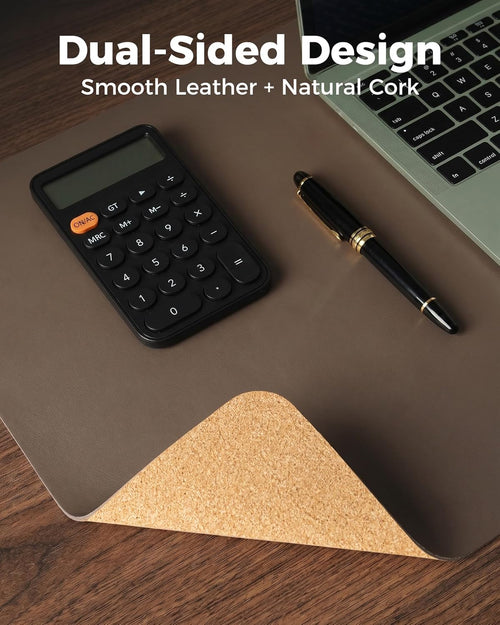 Aothia Dual-Sided Leather & Natural Cork Desk Pad Protector Large Waterproof Desk Blotter Coffee 35.4"x15.7" Zevon