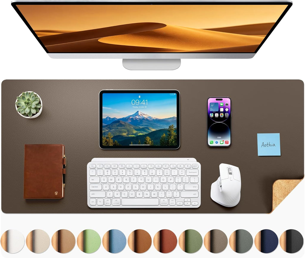 Aothia Dual-Sided Leather & Natural Cork Desk Pad Protector Large Waterproof Desk Blotter Coffee 35.4"x15.7" Zevon